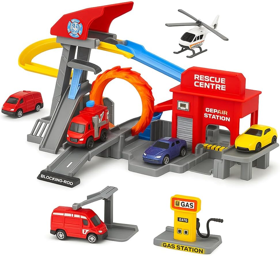 Adventure Rollo Coaster Theme Park Playset with Car Crane, Slide, Stunt Loop, and 4 Die Cast Cars