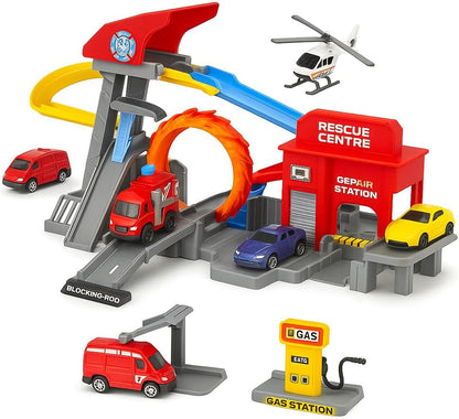 Adventure Rollo Coaster Theme Park Playset with Car Crane, Slide, Stunt Loop, and 4 Die Cast Cars