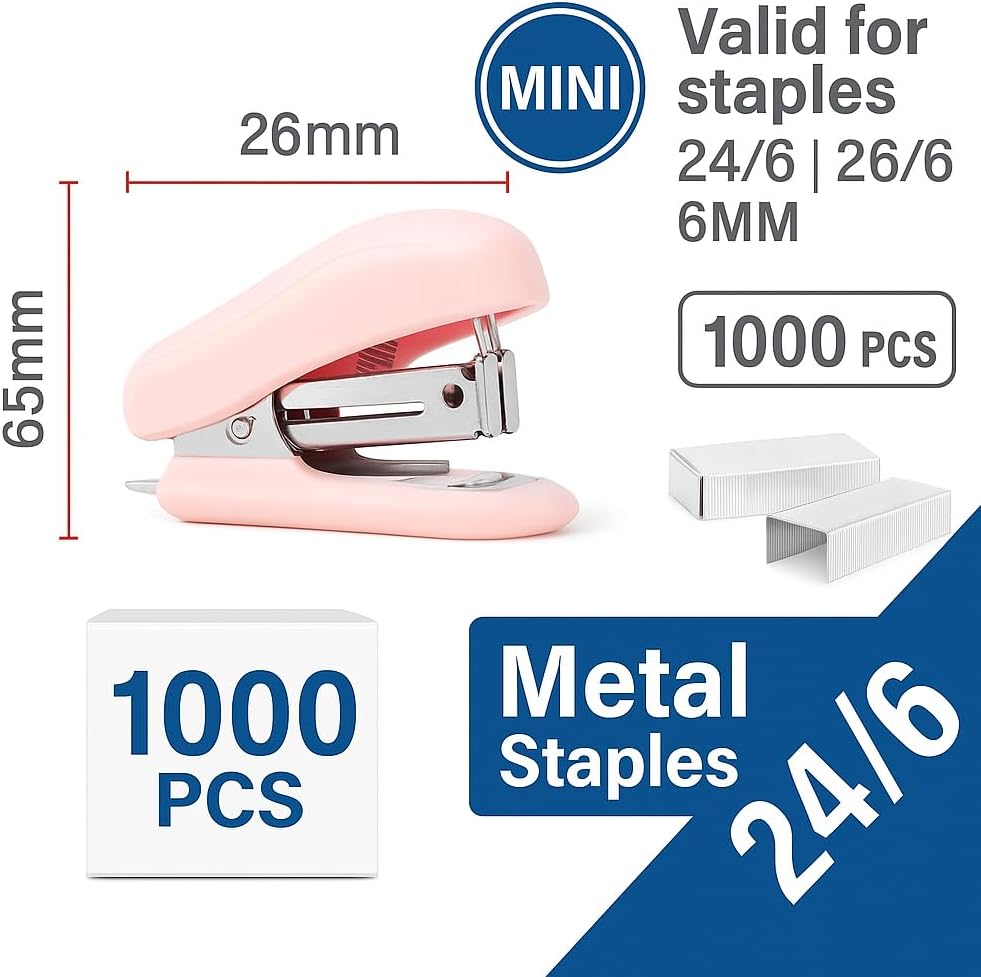 120 Pieces Mini Stapler 1 Pieces (Compatible with 24/6 & 26/6 Size Pins – Pink)