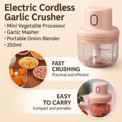 Electric Cordless Garlic Crusher, Mini Vegetable Processor, Garlic Masher, Portable Onion Blender, 250ml