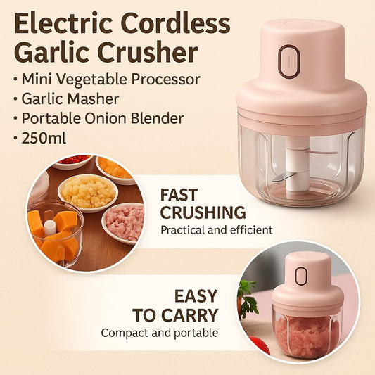 Electric Cordless Garlic Crusher, Mini Vegetable Processor, Garlic Masher, Portable Onion Blender, 250ml