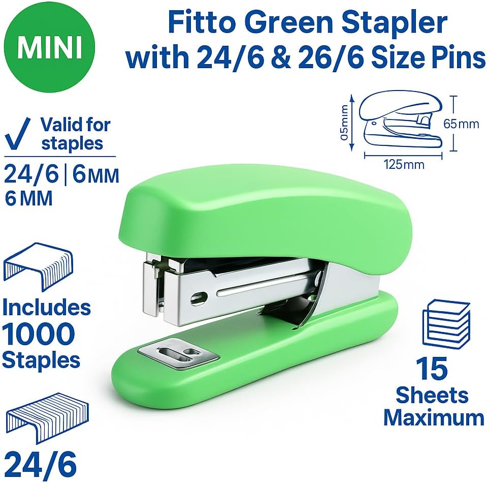 Green Stapler with 24/6 & 26/6 Size Pins, 1 Pc Office Desk Stapler
