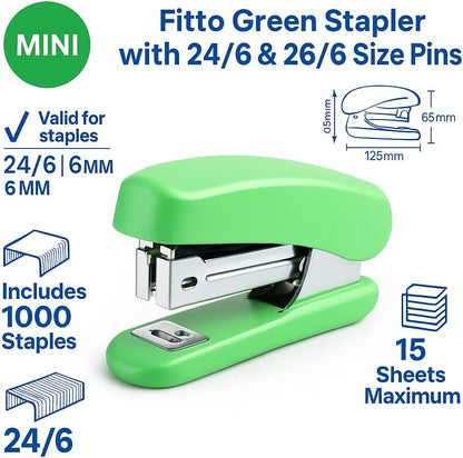 Green Stapler with 24/6 & 26/6 Size Pins, 1 Pc Office Desk Stapler