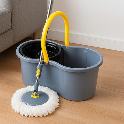 Grey 360° Spin Bucket Mop Set with 4 Easy Wheels - Adjustable Telescopic Handle, Durable Microfiber Mop Heads, Includes Extra Refill for Effortless Home Cleaning