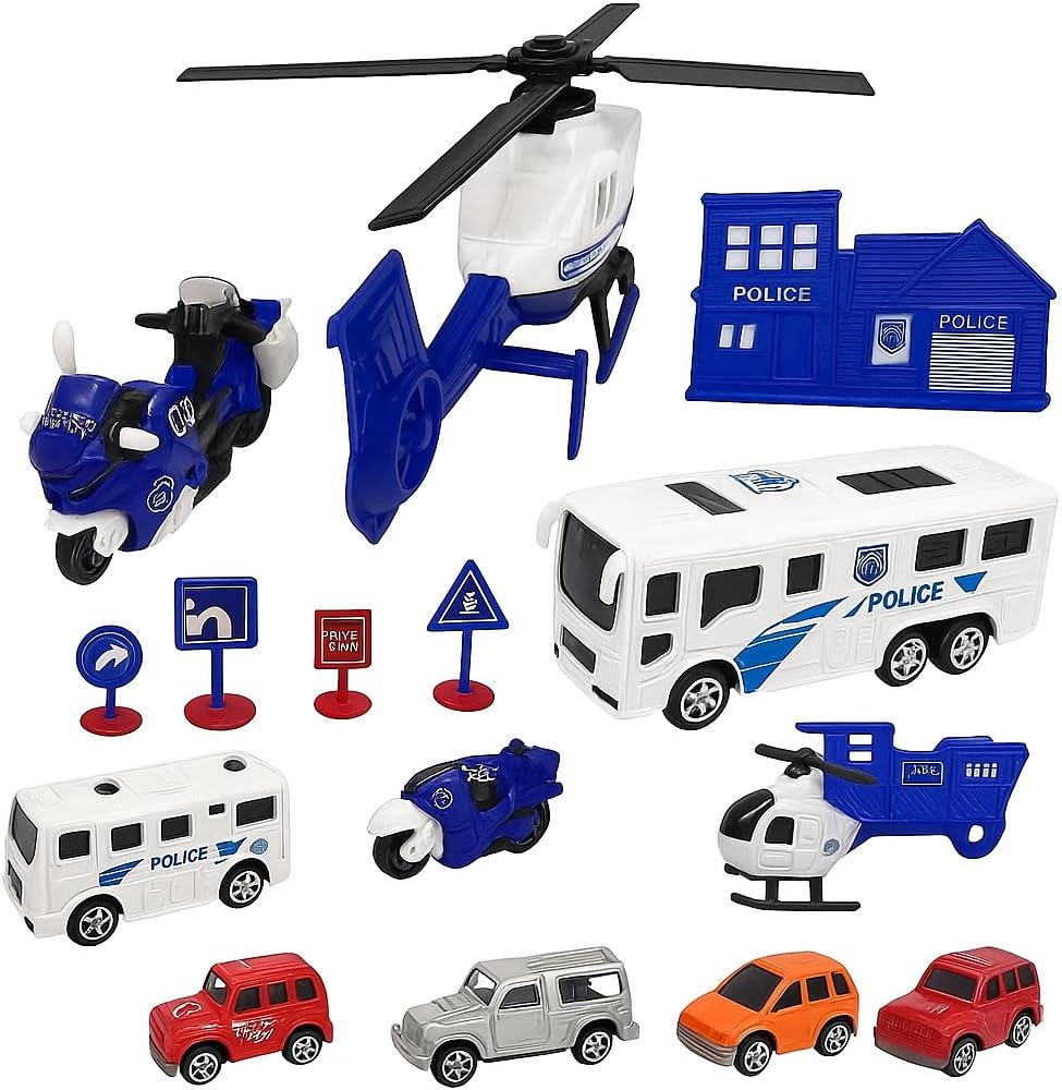 96 Pieces Premium Police Toy Sets for Kids - Includes Cars (Trucks – Helicopter – Barricades & Sign Boards - Durable Plastic Playset for Imaginative Play)