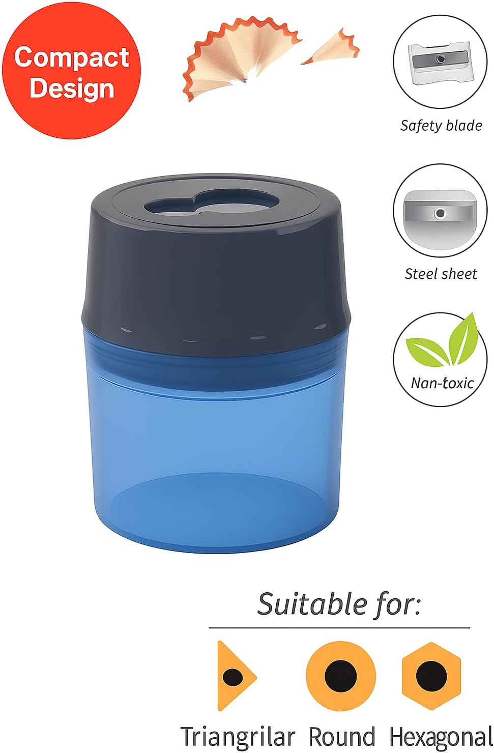Pencil Sharpener with Container, Blue - Compact, Easy to Use for Office & School