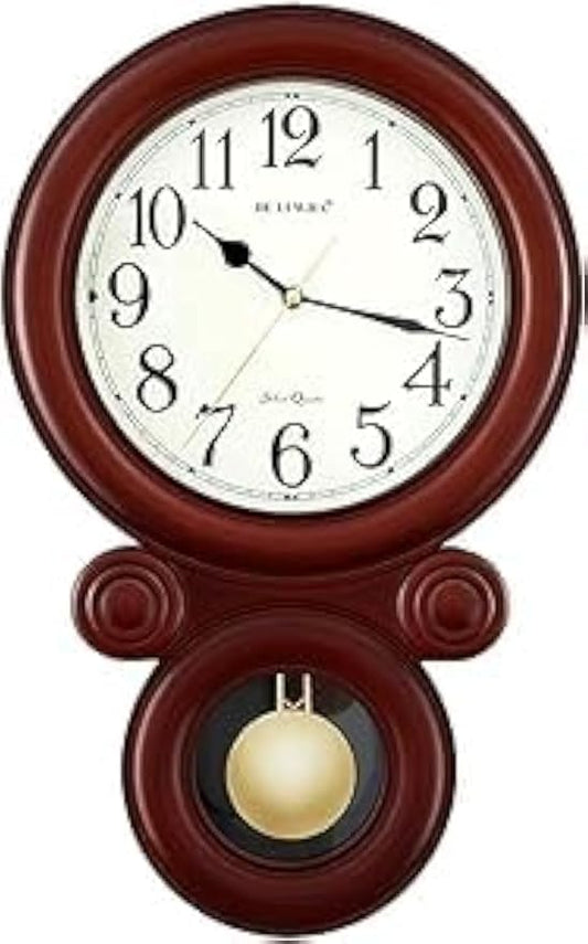 FITTO Elegant Wall Clock with Pendulum – Stylish Wooden Finish Frame, Silent Quartz Movement, Large Numbers, Ideal for Home, Office, and Living Room Décor