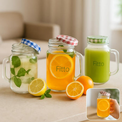 Mason Jar Glass Mug Set of 3 with Handle, 500ml, 450ml, 10x7.5x12.5cm