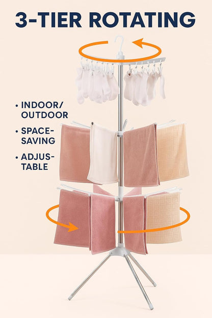 3-Tier Rotating Clothes and Towel Organizer Dry Rack, Indoor/Outdoor Laundry Dryer, Space-Saving, Adjustable, Durable for Patio and Home Use