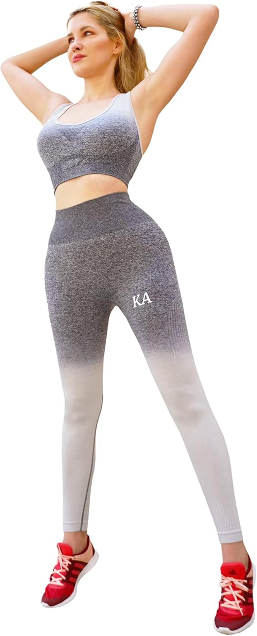 Fitto 2 Pieces Armour Set - High Waisted Seamless Leggings with Sports half Sleeves Top Workout Gym Yoga Ombre color Outfit for Women (Medium, white & Grey)