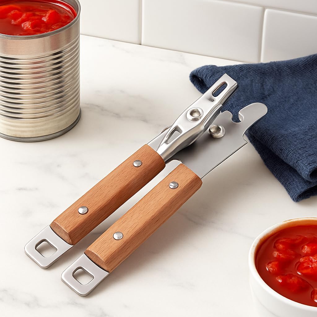 Stainless Steel Manual Can Opener with Acacia Wooden Handle, Durable and Stylish Design for Effortless Opening