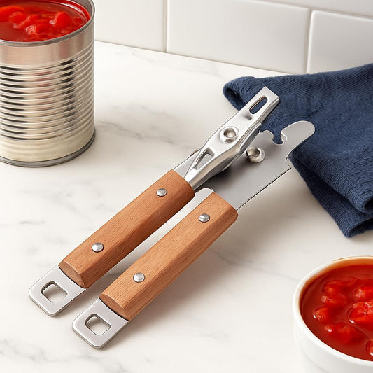 Stainless Steel Manual Can Opener with Acacia Wooden Handle, Durable and Stylish Design for Effortless Opening