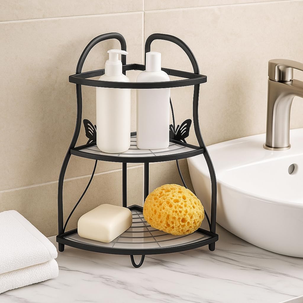 72 Pieces 2-Tier Corner Bathroom Sink Organizers (Metal Countertop Storage Shelf – Black – Spice and Seasoning Rack for Kitchen and Bathroom – Easy Assembly – Stable and Stylish)