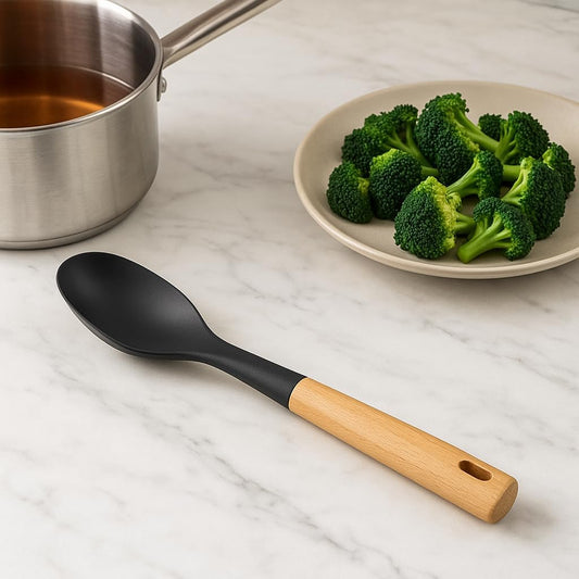 Smooth Spoon, Nylon Head, BPA-Free, Non-Stick Cooking Utensil with Wooden Handle – Heat Resistant, Durable, and Safe for All Cookware – Ideal for Stirring and Serving