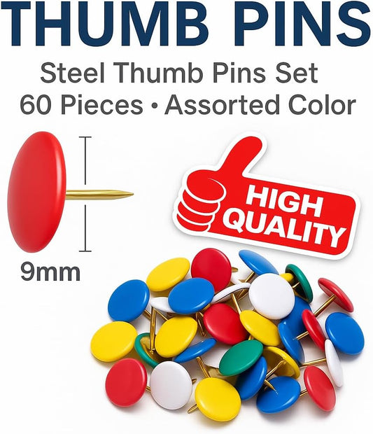 Steel Thumb Pins Set - 60 Pieces Assorted Color