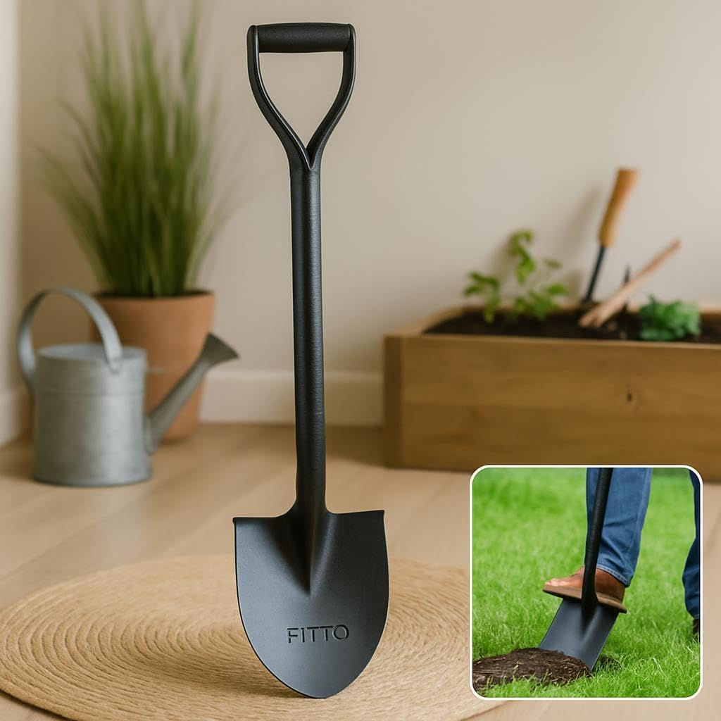 Metal Shovel with Flat Pointed Blade and Long Handle for Digging and Moving Soil