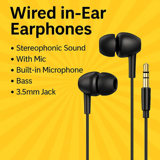 Black Wired in-Earphone Stereophonic Sound With Mic, Built-in Microphone, Bass, 3.5mm Jack, Suitable For All Mobile Phones, Android & Mac Mobiles, Ear Phone, Music