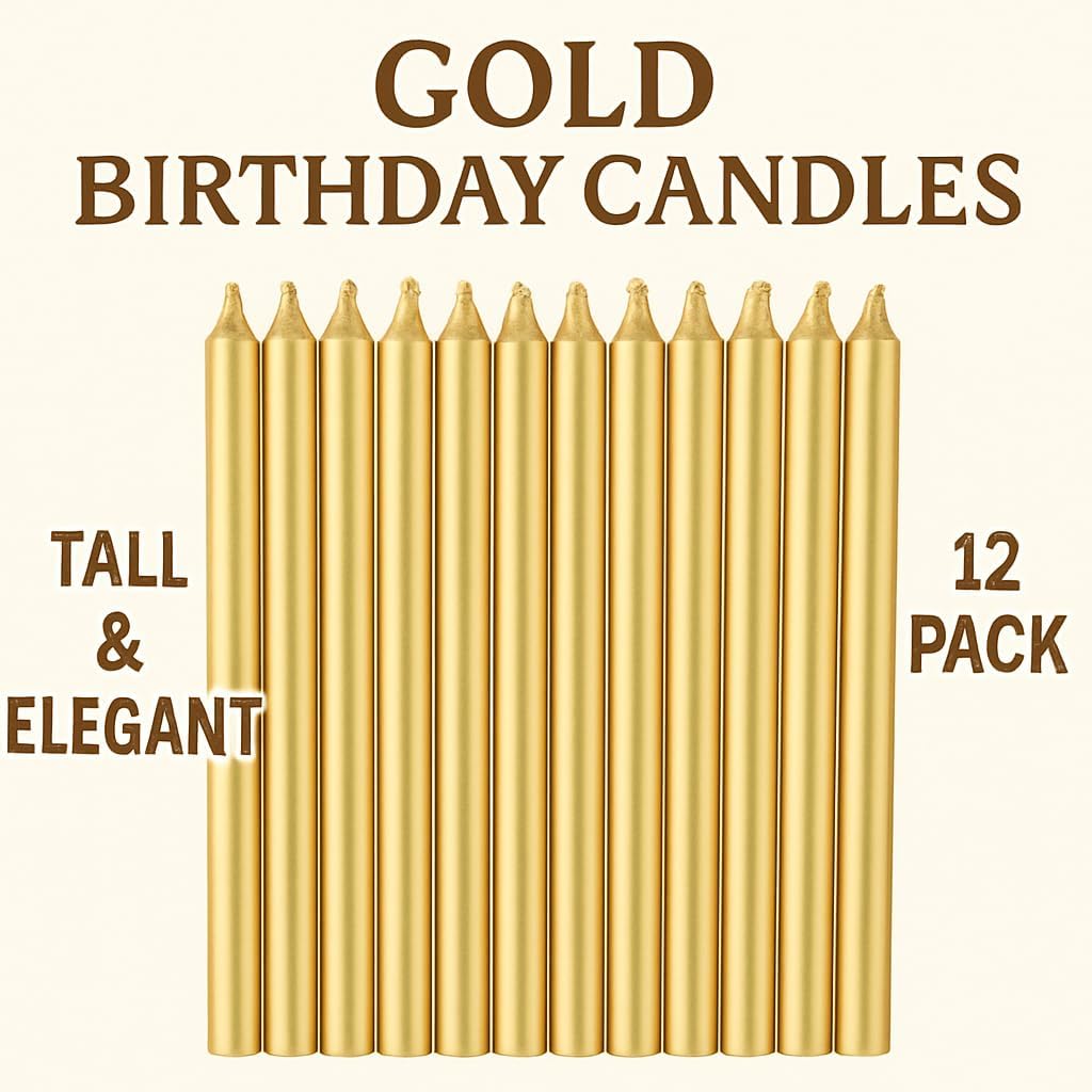 6Pcs Long Thin Birthday Cake Candles with Stand - Gold, Celebration Party Candle, Housewarming, Anniversary Candle for Cakes, 13cm