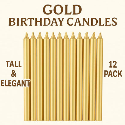 6Pcs Long Thin Birthday Cake Candles with Stand - Gold, Celebration Party Candle, Housewarming, Anniversary Candle for Cakes, 13cm