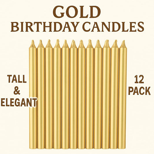 6Pcs Long Thin Birthday Cake Candles with Stand - Gold, Celebration Party Candle, Housewarming, Anniversary Candle for Cakes, 13cm