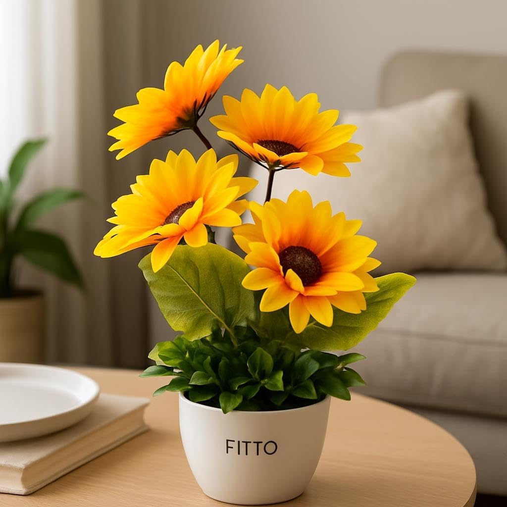 Artificial Sunflower Arrangement in Pot with Greenery