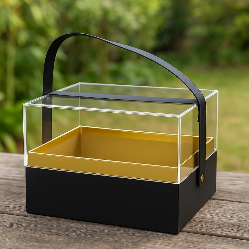 Transparent Gift Acrylic Rectangular Box with Handle, 18x13.5x12.5cm, Black
