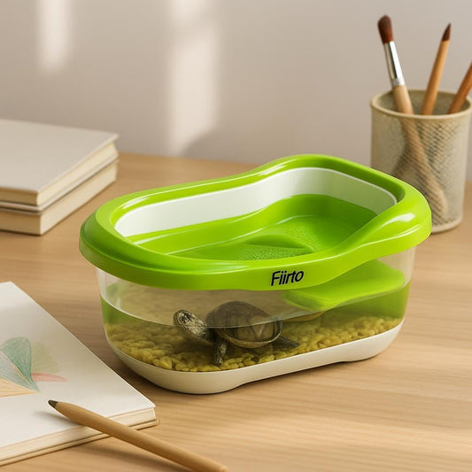 Turtle Tank - Green, 45.5 x 25.5 x 17.6 cm, Compact Turtle Breeding Box with Sundeck, Modern Habitat for Brazilian Turtles, Water and Soil Setup, Perfect for Small Spaces and Desktop Use