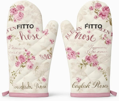 500°F Heat Resistant Silicone Oven Mitts, Non-Slip Grip, Waterproof, Soft Cotton Lining, Durable Kitchen Gloves for Cooking, Baking, Grilling – Elegant Floral Design, 2-Piece Set (7x10.2)