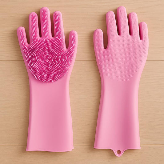 Silicone Non-Slip Dishwashing Gloves – Pink Magic Latex Scrubbing Gloves for Efficient Household Cleaning, Pet Grooming, and Hand Protection
