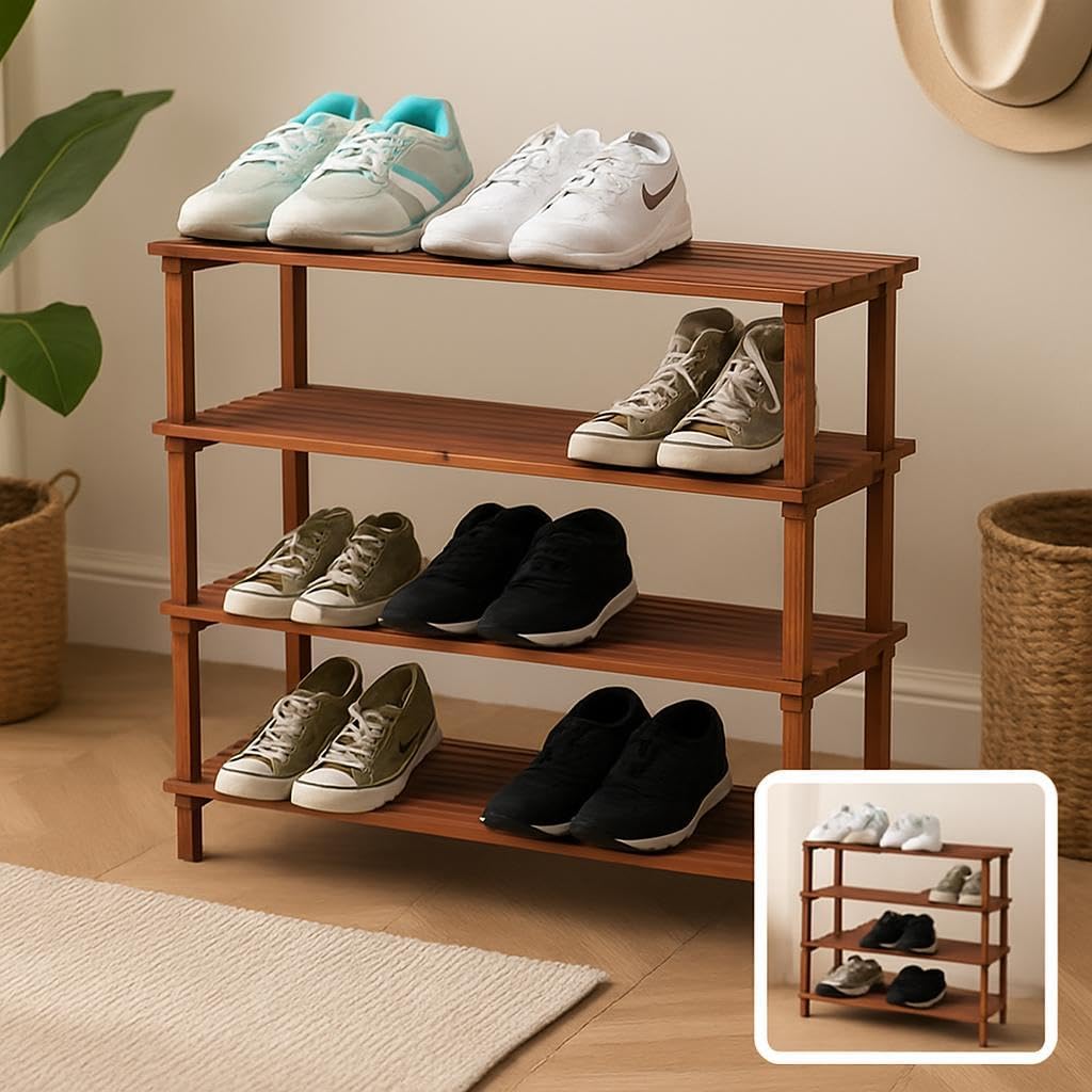 Wooden Shoe Rack 4 Tier, Coffee Brown, 63x26x67cm