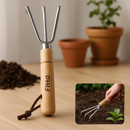 Hand Cultivator with Wooden Handle and Leather Strap for Soil Aeration and Weeding