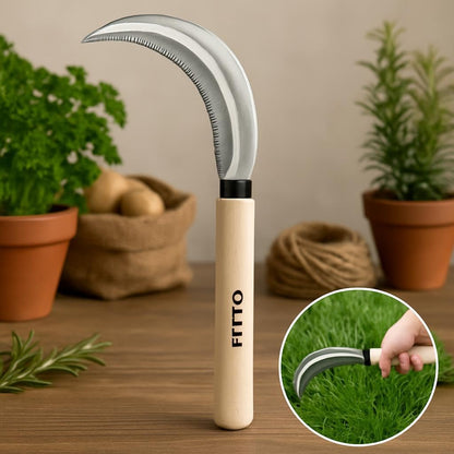 Curved Gardening Tool with Serrated Blade and Wooden Handle