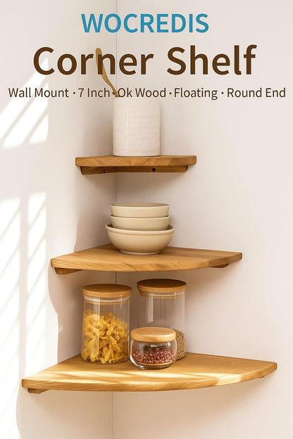 BEUGAWHOO Corner Shelf Wall Mount, 7inch, Oak Wood, Floating, Round End, Small Corner Nightstand, Plant Stand, For Kitchen Living Room Bedroom