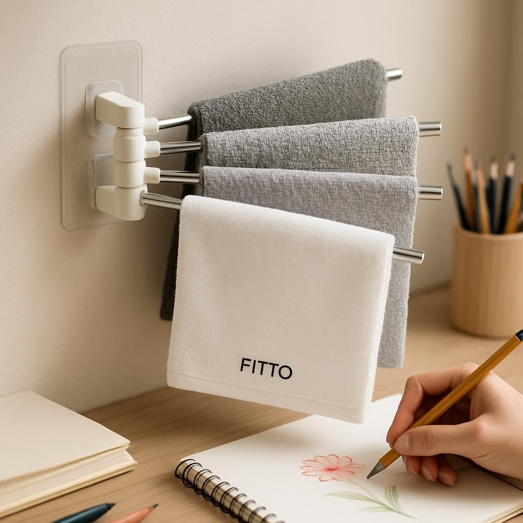 Stainless Steel Self-Adhesive 4-Arm Swing Towel Rack – Rotating Wall-Mounted Towel Holder for Bathroom, Kitchen & Wash Basin