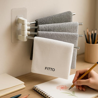 Stainless Steel Self-Adhesive 4-Arm Swing Towel Rack – Rotating Wall-Mounted Towel Holder for Bathroom, Kitchen & Wash Basin