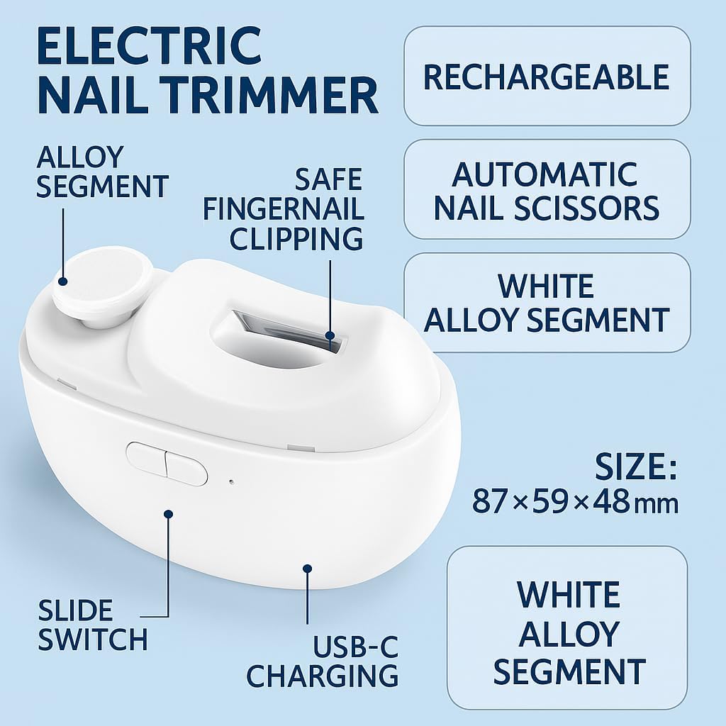 Electric Nail Trimmer, Safe Fingernail Clipper, Rechargeable Nail Filer, Automatic Nail Scissors, White, Alloy Segment, For Baby