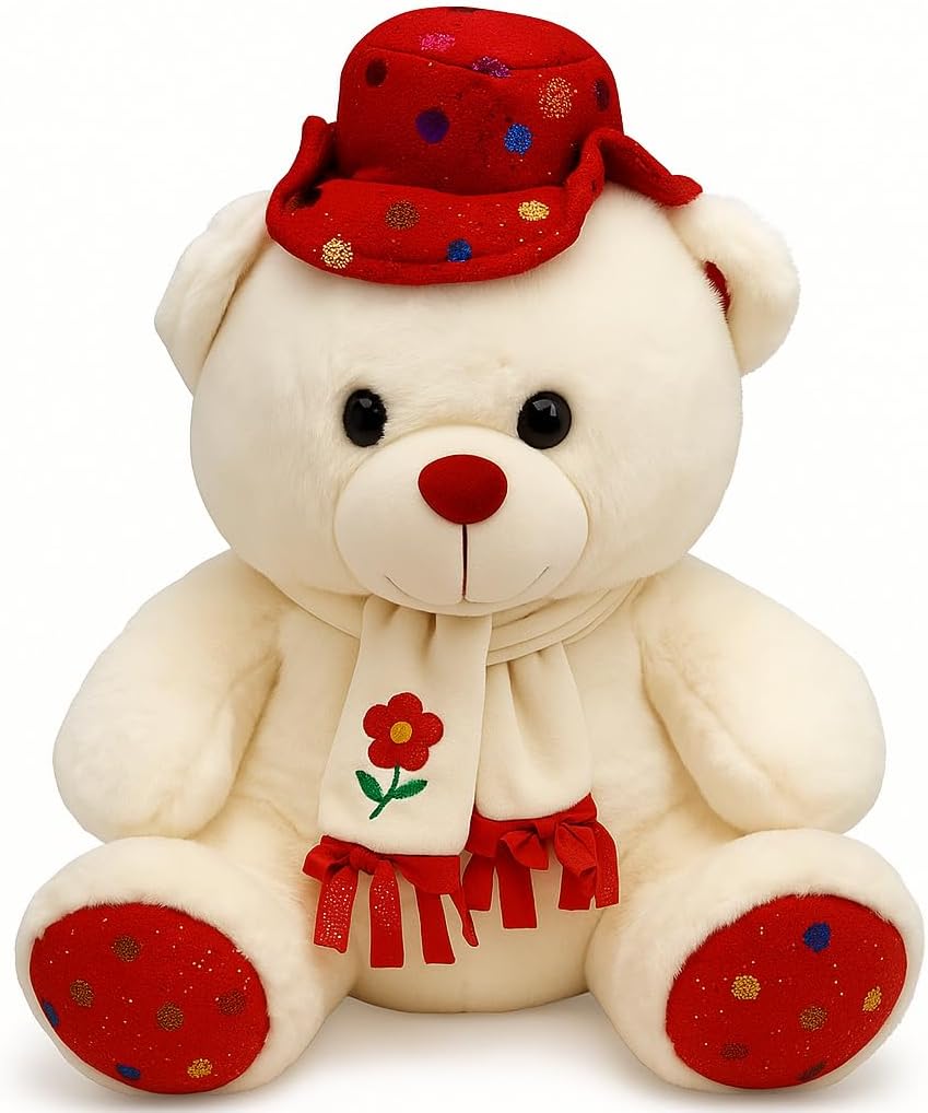 White & Red Teddy Bear with Cap 35cm