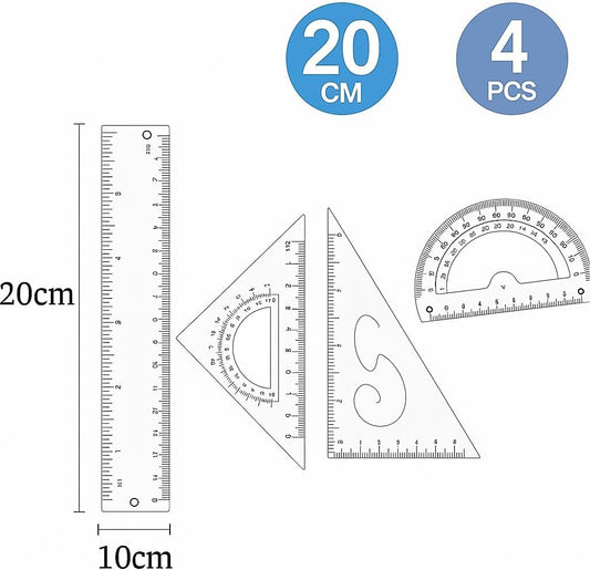 Set of 4 Rulers - 20cm Scale, Protractor, Triangle, Ruler for School and Office Supplies