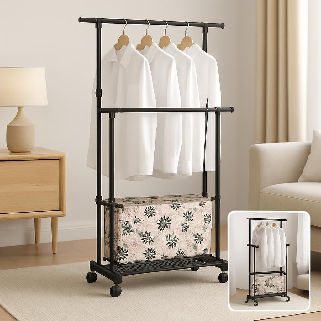 Double Layer Cloth Rack - Black, Space-Saving Design for Home & Office