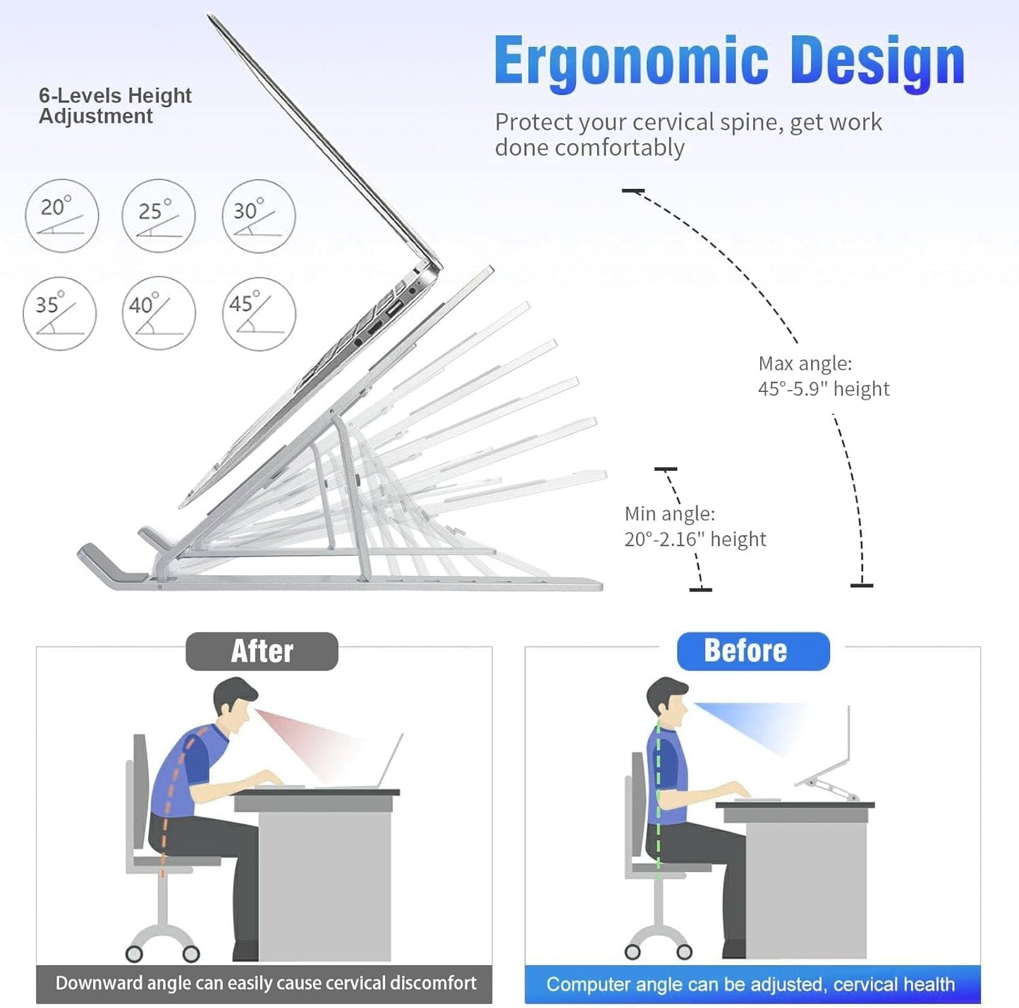 Adjustable Aluminum Laptop Stand for Desk – Foldable Portable Riser with ABS+Silicone, Ventilated Cooling, Ergonomic Holder for 10-15.6" Laptops & Tablets, Sturdy & Lightweight