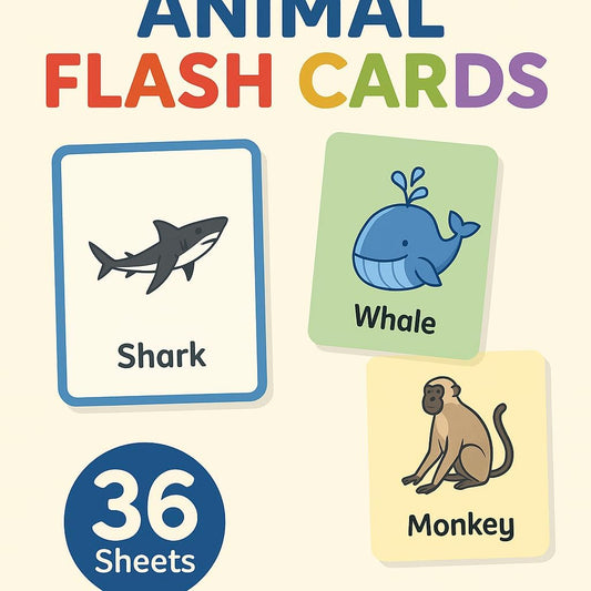 36 Sheets Animals Series Flash Cards 12x7.7cm for Kids Learning and Play