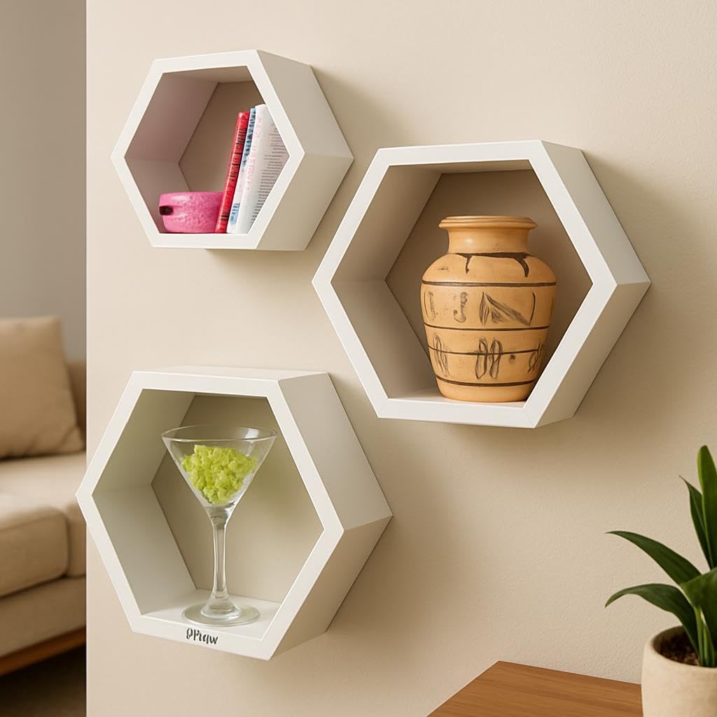 Hexagon Wall Shelves Set of 3 - White Decorative Floating Shelves