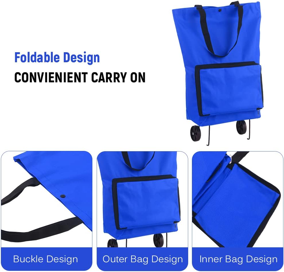 Blue Shopping Bag with Wheels – Large Capacity Rolling Grocery Cart, Foldable & Lightweight, Durable, Ideal for Shopping, Travel, and Outdoor Use