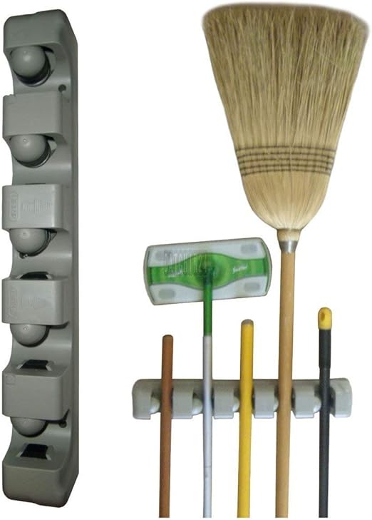 FITTO Wall Mounted Broom Holder – 5-Slot Organizer for Mops, Brushes, and Long-Handled Tools – Durable Plastic, Easy Installation with Screws Included for Home, Garage, Laundry, and More