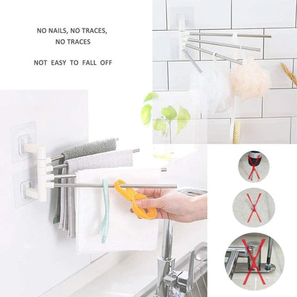 Stainless Steel Self-Adhesive 4-Arm Swing Towel Rack – Rotating Wall-Mounted Towel Holder for Bathroom, Kitchen & Wash Basin