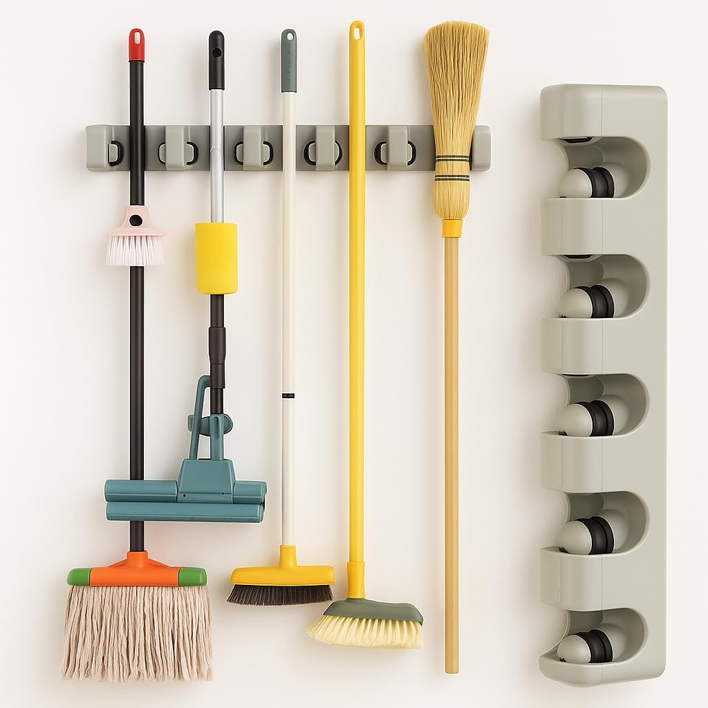 96 Pieces Wall Mounted Broom Holders (5-Slot Organizer for Mops – Brushes – and Long-Handled Tools – Durable Plastic – Easy Installation with Screws Included for Home – Garage – Laundry – and More)