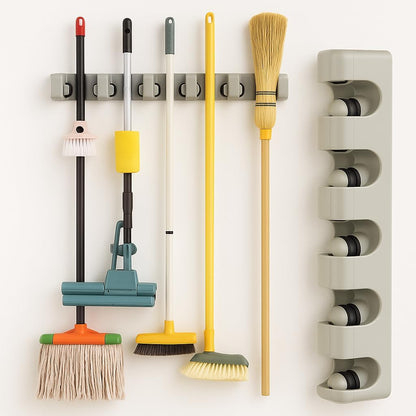 Wall Mounted Broom Holder – 5-Slot Organizer for Mops, Brushes, and Long-Handled Tools – Durable Plastic, Easy Installation with Screws Included for Home, Garage, Laundry, and More