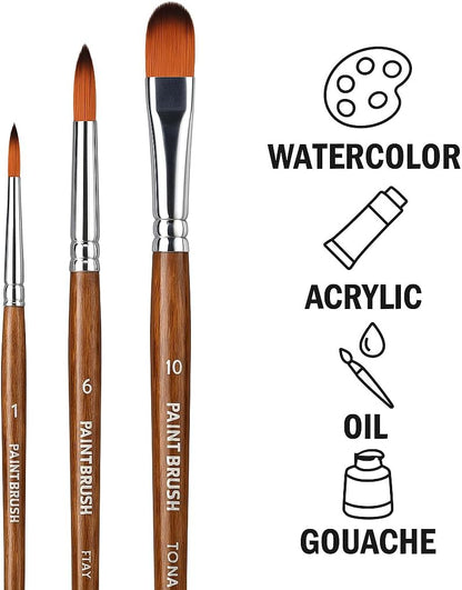 3 Pieces Painting Brush Set - Round Tips for Art, Drawing, Sketching, Acrylic, Watercolor