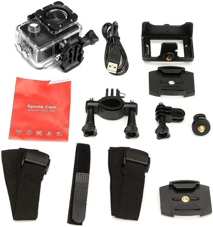 Sports Cam Waterproof Action Camera 1080P, Full HD 12MP Video Camera, 2-inch LCD, 140° Wide Angle Lens, 30M Underwater, Multi-Use Accessories