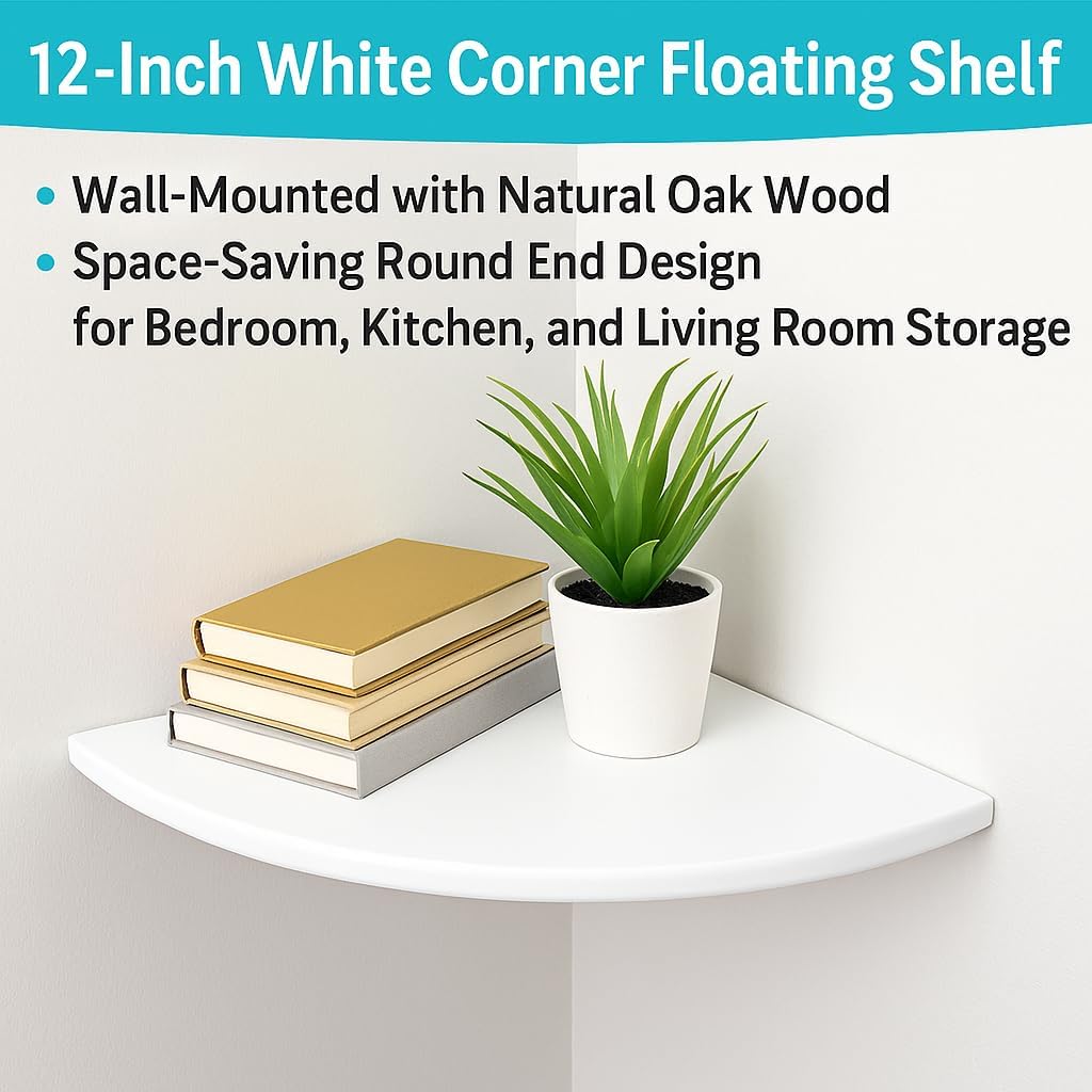 96 Pieces 12-Inch White Corner Floating Shelves (Wall-Mounted with Natural Oak Wood – Space-Saving Round End Design for Bedroom – Kitchen – and Living Room Storage)